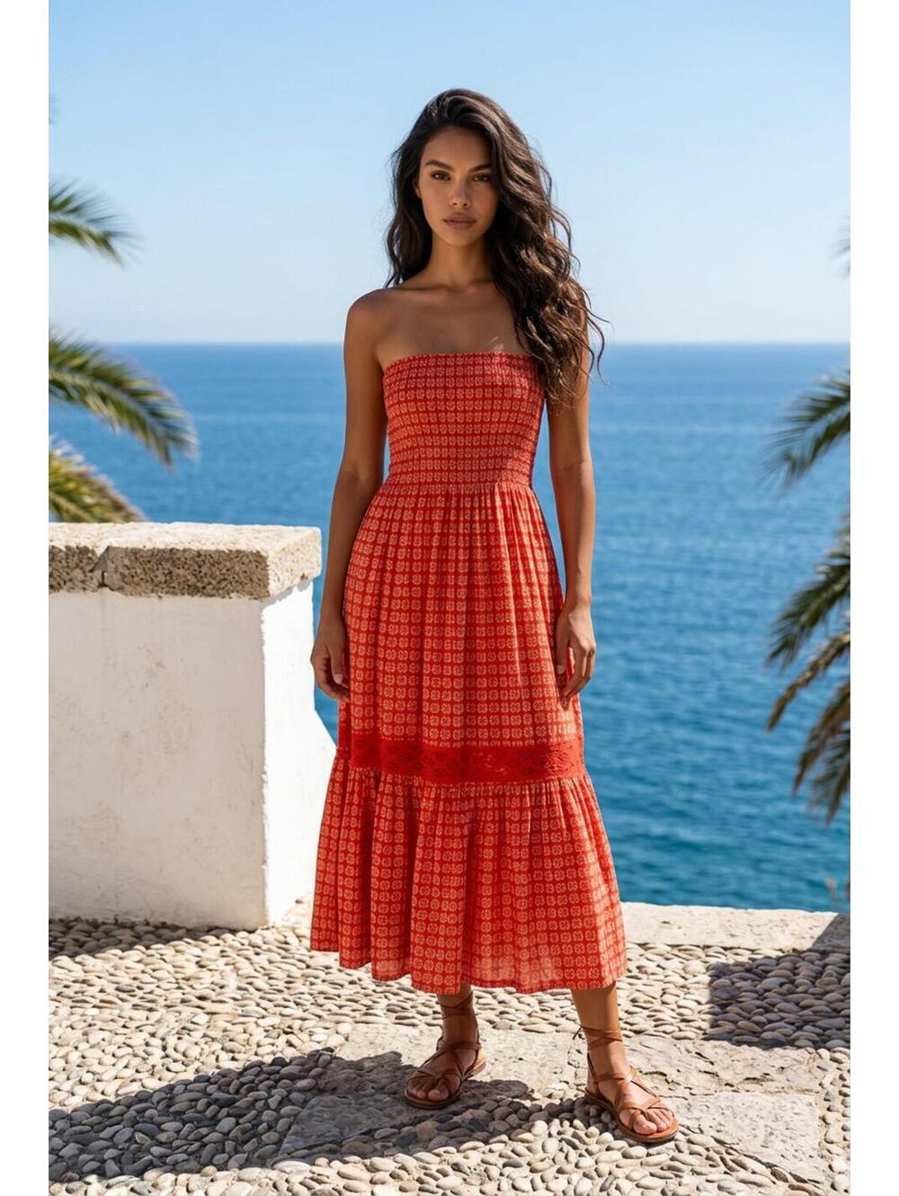 Boho Red Maxi Skirt / Strapless Tube Dress Convertible Leaf Print - Size M